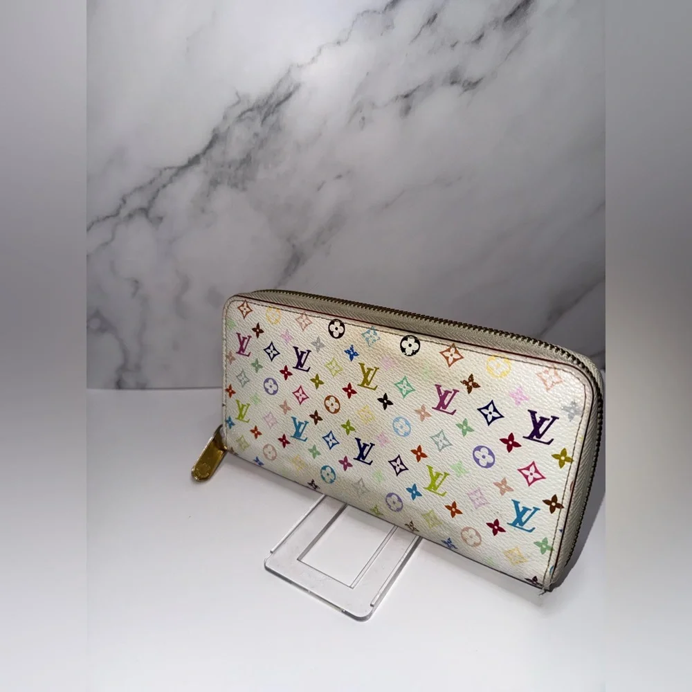 Authentic Louis Vuitton White Multicolor Monogram Long Zip Around Wallet